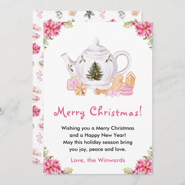 Cartes Pour Fêtes Annuelles Thé de Noël rose Joyeux Noël (Devant / Derrière)
