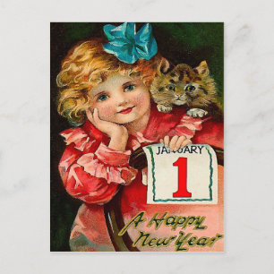 Cartes Pour Fêtes Annuelles The Girl and the Cat - New Year Greeting Postcard