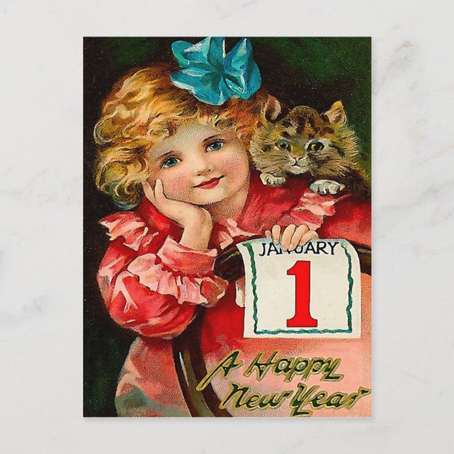 Cartes Pour Fêtes Annuelles The Girl and the Cat - New Year Greeting Postcard (Devant)