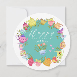 Cartes Pour Fêtes Annuelles Théières et tasses Aqua Anniversaire