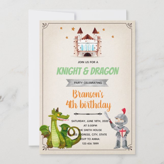 Cartes Pour Fêtes Annuelles Thème d'anniversaire du dragon et du chevalier (Devant)