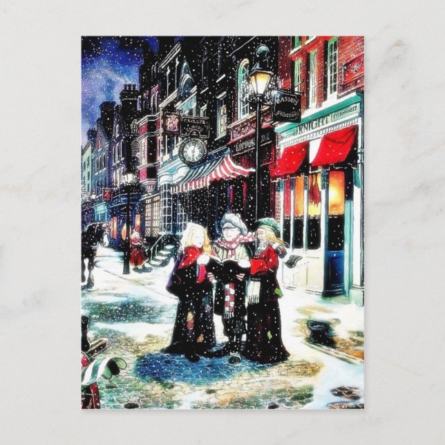 Cartes Pour Fêtes Annuelles Three persons standing on a street singing christm (Devant)