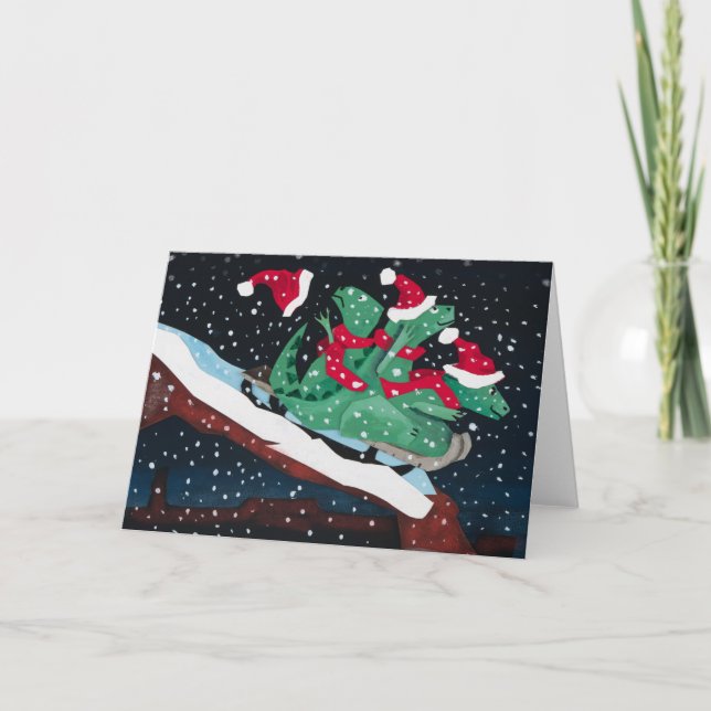 Cartes Pour Fêtes Annuelles Three sledding dinosaurs (Devant)