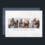 Cartes Pour Fêtes Annuelles Tidings étoilés | 3 Photo Collage Hanoukka Card<br><div class="desc">Envoyez vos voeux Hanoukka dans le style chic avec ces cartes de collage photo élégantes et modernes avec trois photos carrés alignées côte à côte et ornées de motifs lisses en haut et en bas. "Wishing You Love and Light" apparaît sous la forme de lettres modernes, avec votre "Happy Hanoukka"...</div>