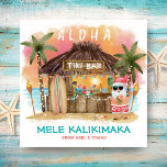 Cartes Pour Fêtes Annuelles Tiki Beach Coucher de soleil tropical Mele Kalikim<br><div class="desc">La carte de Noël tropicale présente Père Noël profitant de vacances dans un bar Tiki sur la plage au coucher du soleil avec des palmiers, des lampadaires et des salutations hawaïennes "Aloha" et "Mele Kalikimaka". Cocktails tropicaux, ananas, hibiscus et feuilles de palmiers, planche de surf et perroquet dans un casquette...</div>