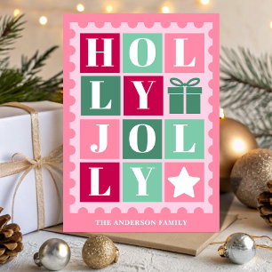 Cartes Pour Fêtes Annuelles Timbre de Noël rose rétro Holly Jolly