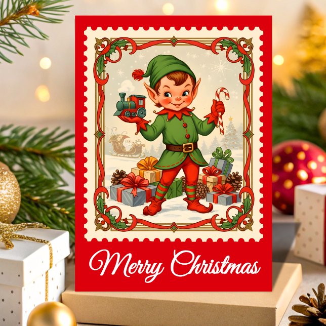 Cartes Pour Fêtes Annuelles Timbre Postal Retro Elf Christmas (Créateur téléchargé)