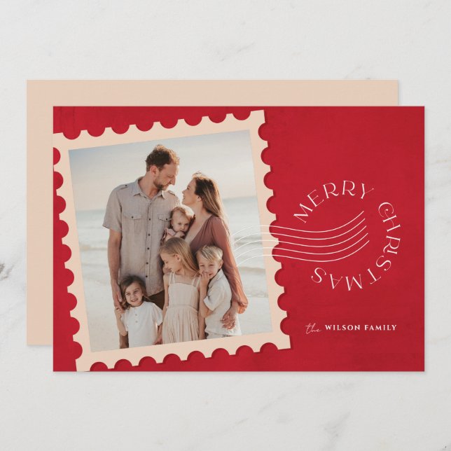 Cartes Pour Fêtes Annuelles Timbre rouge 2 Photo Noël (Devant / Derrière)