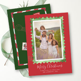 Cartes Pour Fêtes Annuelles Timbre Vintage Vert Rouge Noël Famille