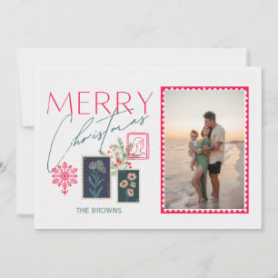 Cartes Pour Fêtes Annuelles timbres joyeux noël rouge photo nom de famille
