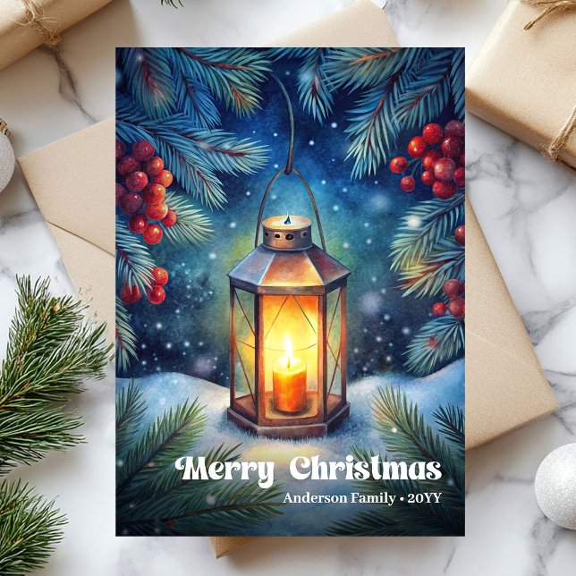 Cartes Pour Fêtes Annuelles Timeless Christmas lantern rustic pine wreath (Timeless Christmas lantern rustic pine wreath Holiday Card)