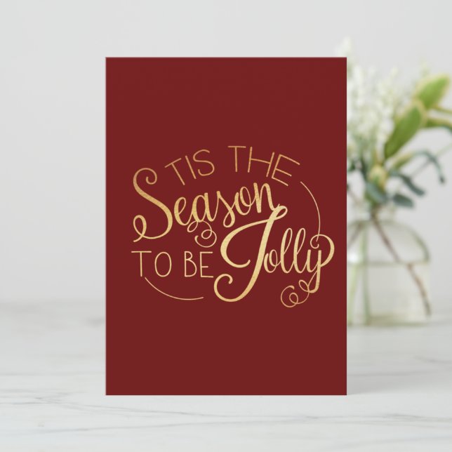 Cartes Pour Fêtes Annuelles "Tis Season" Gold Script Rouge Personnalisé (Debout devant)