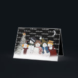 Cartes Pour Fêtes Annuelles 'Tis Season Snowmen In Snowflakes<br><div class="desc">De mignons bonhomme de neige en flocons de neige avec le texte "C'est la saison" sur le noir avec des flocons de neige,  une lune de croissant et un pin blanc. La couleur Arrière - plan peut être modifiée. Le texte peut être modifié.</div>