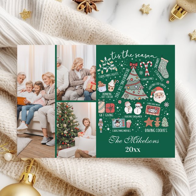 Cartes Pour Fêtes Annuelles Tis The Season 3 Photo  Retro Green Christmas (Créateur téléchargé)