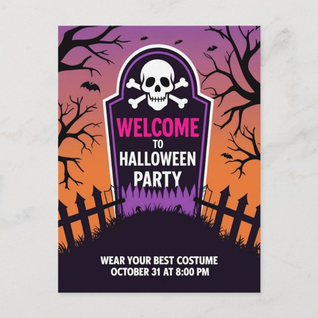 Cartes Pour Fêtes Annuelles Tombstone Skull Halloween Party (Devant)