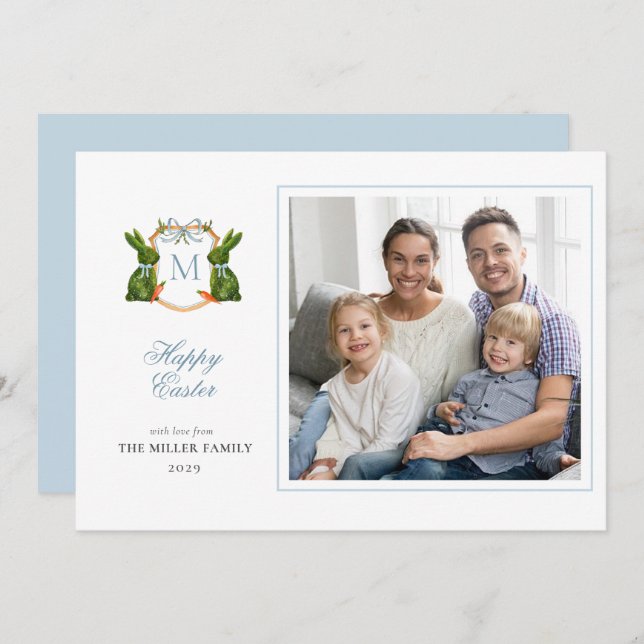 Cartes Pour Fêtes Annuelles Topiary Bunny Monogramme Photos de Pâques (Devant / Derrière)