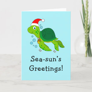 Cartes Pour Fêtes Annuelles Tortue de mer avec un chapeau de Père Noël Noël oc
