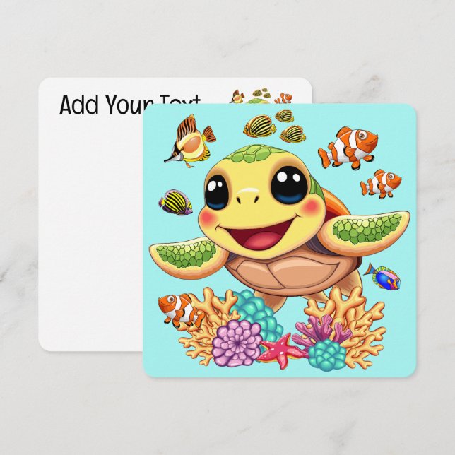 Cartes Pour Fêtes Annuelles Tortue de mer Bébé heureux et mignonne personnage (Devant / Derrière)