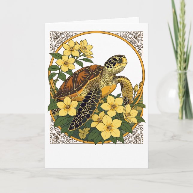 Cartes Pour Fêtes Annuelles Tortue Marine Et Fleurs De Gelsemium Jaune (Devant)