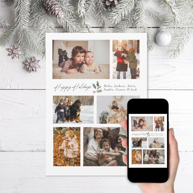 Cartes Pour Fêtes Annuelles Touche de Holly Minimal Photo Collage Happy (Créateur téléchargé)