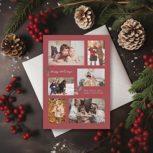 Cartes Pour Fêtes Annuelles Touche de Holly Minimal Photo Collage rouge (Créateur téléchargé)