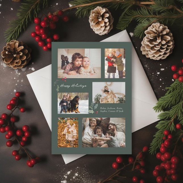 Cartes Pour Fêtes Annuelles Touche de Holly Minimal Photo Collage vert (Créateur téléchargé)