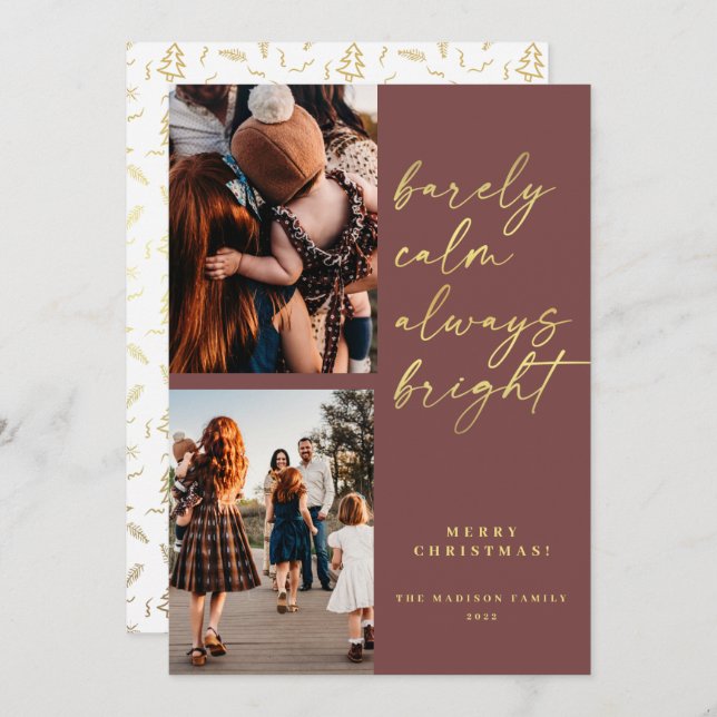 Cartes Pour Fêtes Annuelles Toujours brillant Gold Script 2 Photo Noël (Devant / Derrière)
