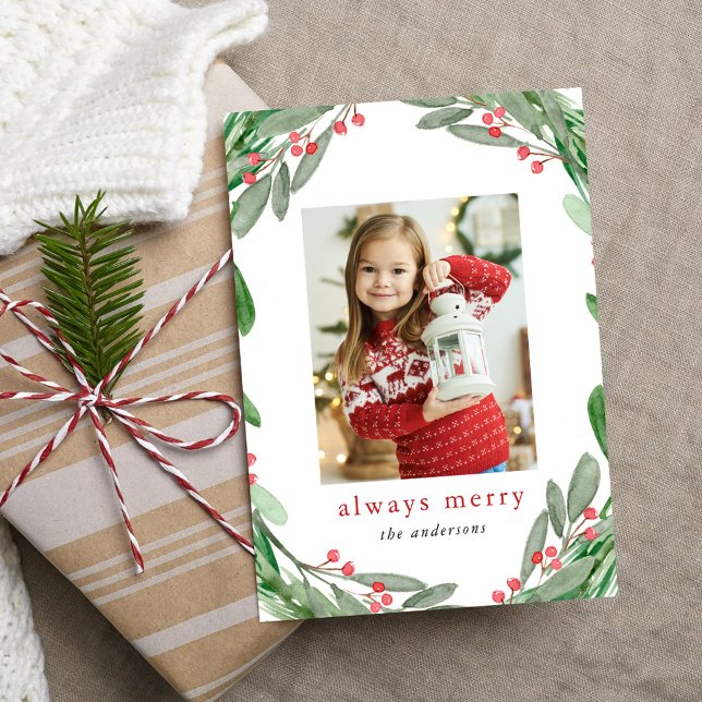 Cartes Pour Fêtes Annuelles Toujours Joyeux aquarelle Holly Berry Wreath Photo (Créateur téléchargé)