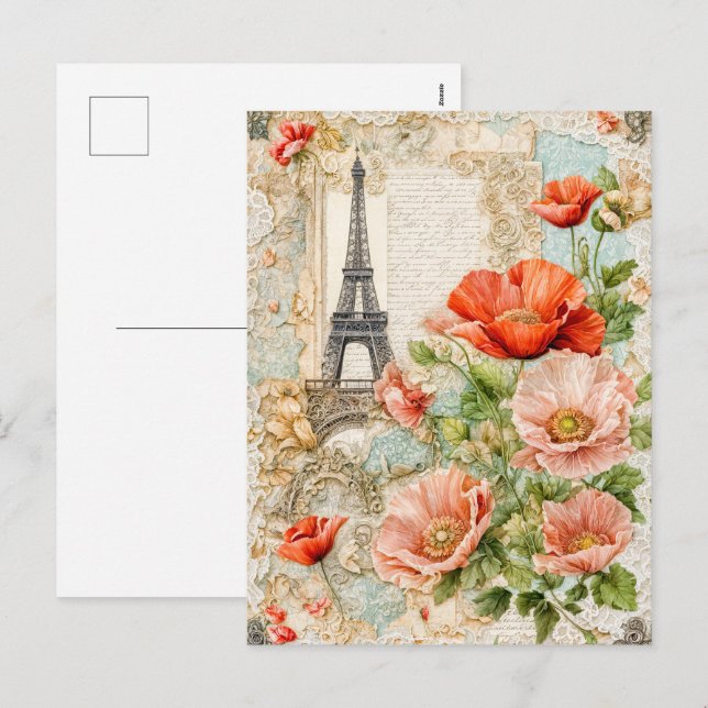 Cartes Pour Fêtes Annuelles Tour Eiffel avec fleurs rouge Populaire (Devant / Derrière)
