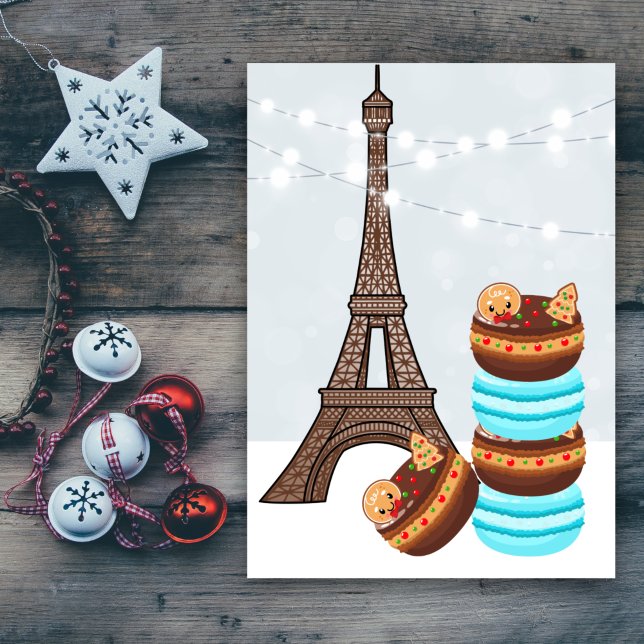 Cartes Pour Fêtes Annuelles Tour Eiffel et Macarons d'hiver Noël (Créateur téléchargé)