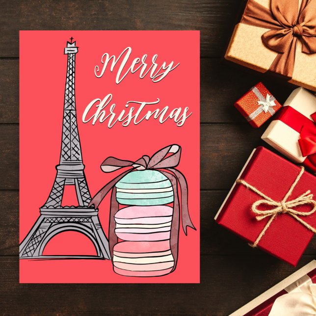 Cartes Pour Fêtes Annuelles Tour Eiffel et Macarons Joyeux Noël chaleureux (Créateur téléchargé)