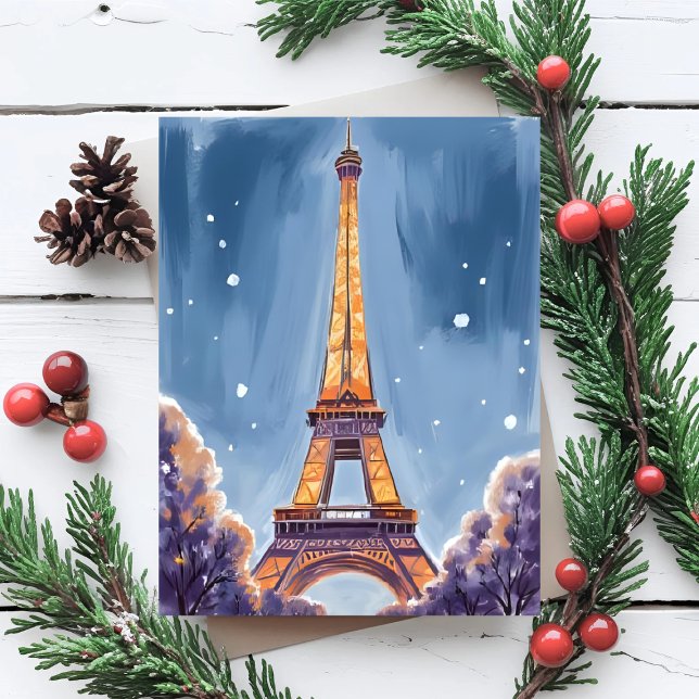Cartes Pour Fêtes Annuelles Tour Eiffel joyeux | Paris Noël Aquarelle (Créateur téléchargé)