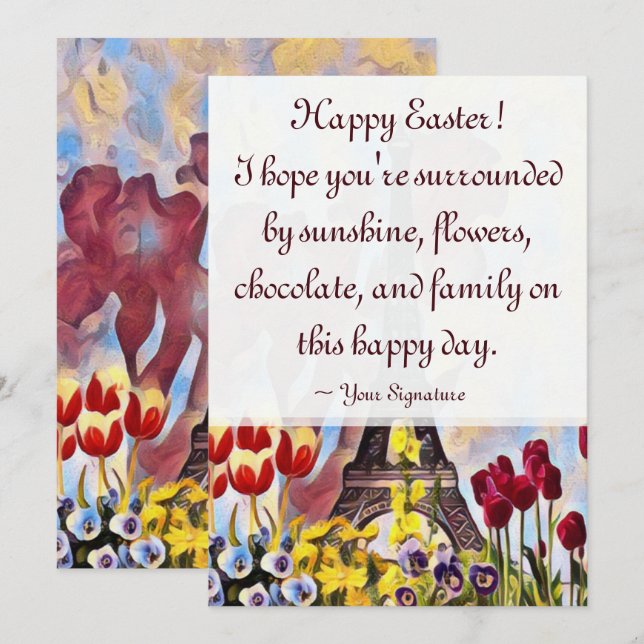 Cartes Pour Fêtes Annuelles Tour Eiffel, Paris Iris, Tulipes Fleurs Pâques (Devant / Derrière)
