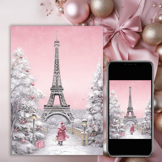Cartes Pour Fêtes Annuelles Tour Eiffel, Père Noël, Paris Chic Rose Noël (Créateur téléchargé)