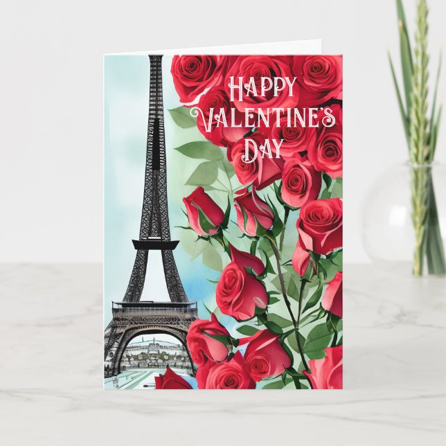 Cartes Pour Fêtes Annuelles Tour Eiffel Romantique Roses Rouges Saint Valentin (Devant)