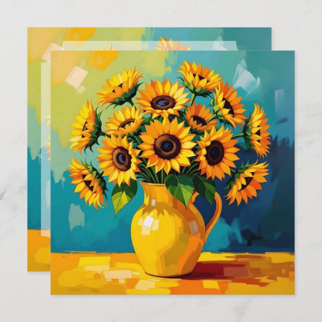 Cartes Pour Fêtes Annuelles Tournesols jaunes dans un vase à l'impasto (Devant / Derrière)
