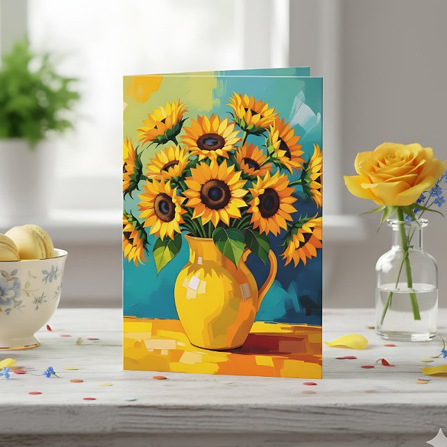 Cartes Pour Fêtes Annuelles Tournesols jaunes dans un vase à l'impasto (Créateur téléchargé)