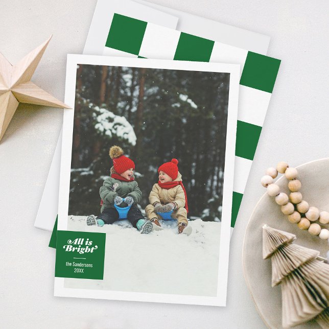 Cartes Pour Fêtes Annuelles Tout est brillant vert vif à carreaux festif (Holiday photo family card green checkerboard bold funky type )
