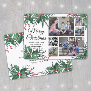 Cartes Pour Fêtes Annuelles Tout texte QR Code Christmas Holly 5 Photo Collage