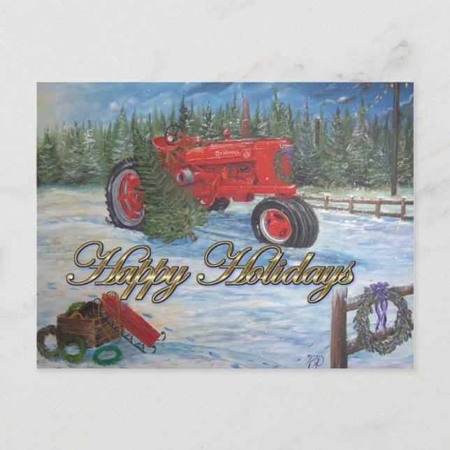 Cartes Pour Fêtes Annuelles Tracteur antique Joyeuses Vacances à une ferme d'a (Devant)
