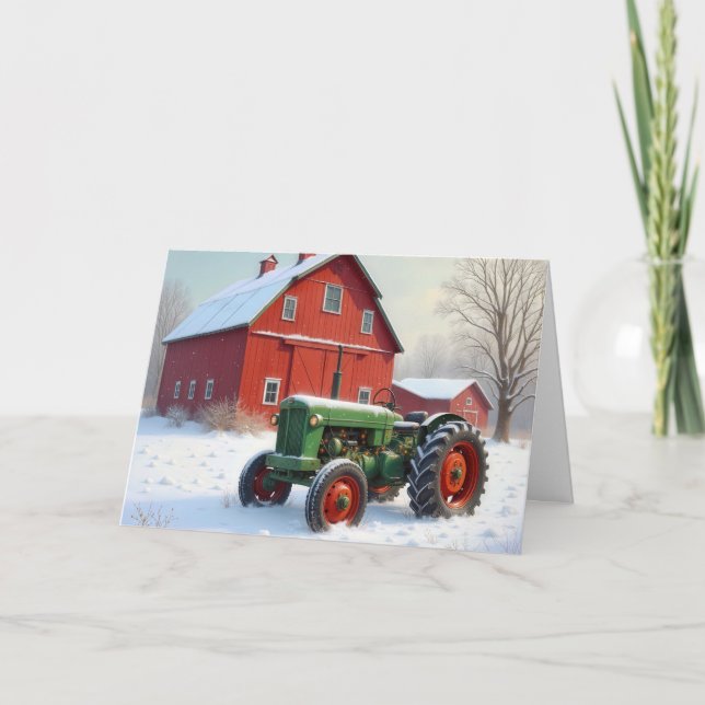 Cartes Pour Fêtes Annuelles Tracteur de la ferme de Noël par une grange rouge (Devant)