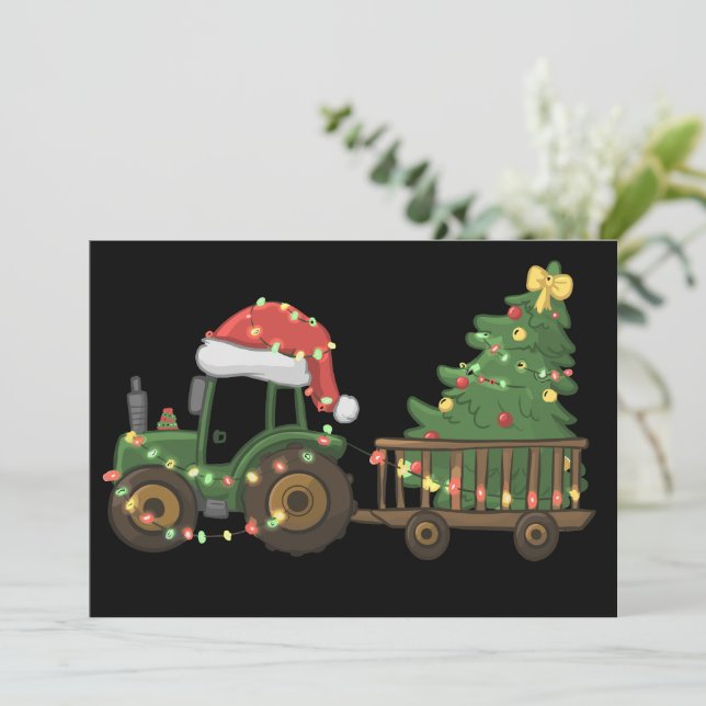 Cartes Pour Fêtes Annuelles Tracteur de Noël avec arbre cultivateur ferme (Debout devant)