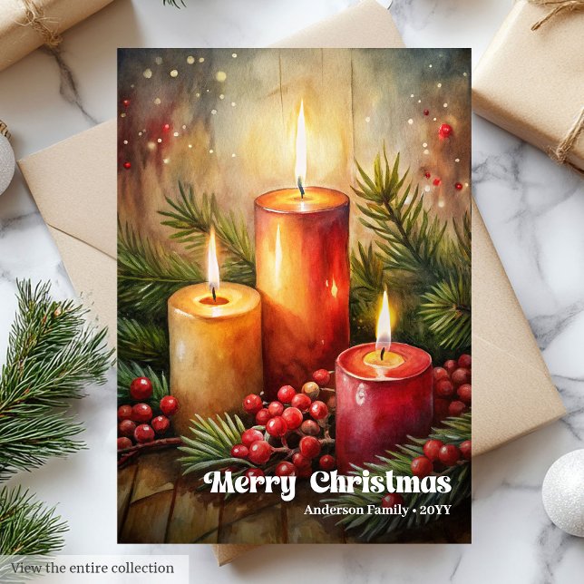 Cartes Pour Fêtes Annuelles Traditional Christmas red candles card pine wreath (Traditional Christmas bells card pine wreath accent

)