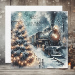 Cartes Pour Fêtes Annuelles Train à l'ancienne et logo Vintage<br><div class="desc">Carte de Noël personnalisée. . Train rétro vintage à l'ancienne dans une belle scène hivernale enneigée avec un pin avec lumières de Noël illuminées.</div>