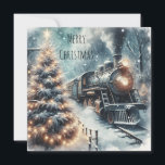 Cartes Pour Fêtes Annuelles Train à l'ancienne et scène d'hiver Vintage<br><div class="desc">Carte de Noël personnalisée. . Train rétro vintage à l'ancienne dans une belle scène hivernale enneigée avec un pin avec lumières de Noël illuminées.</div>