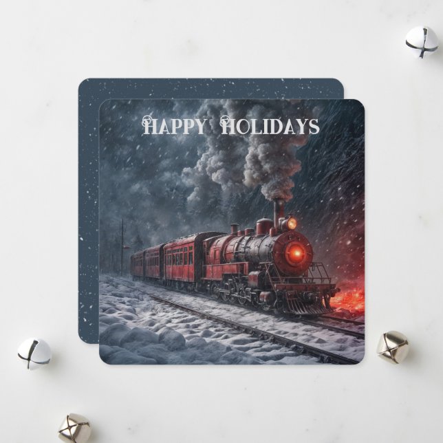 Cartes Pour Fêtes Annuelles Train à neige Vintage (Devant/Arrière en situation)