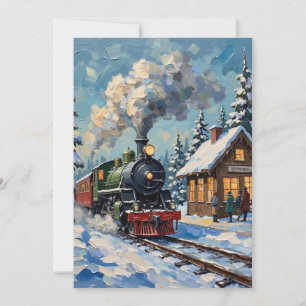 Cartes Pour Fêtes Annuelles Train à vapeur de Noël vintage à la gare enneigée