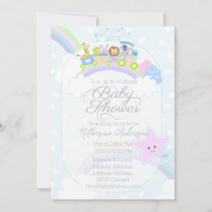 Cartes Pour Fêtes Annuelles Train Animaux Baby shower bleu Pastel