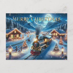 Cartes Pour Fêtes Annuelles Train de Noël à travers un village enneigé la nuit