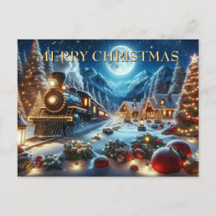 Cartes Pour Fêtes Annuelles Train de Noël arrivant dans un village enneigé